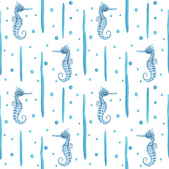 Wall Mural - Watercolor underwater seamless pattern of seahorses on white background. Print for design, banner, background, menus, souvenirs, decor, wallpaper, fabric, textile, wrapping.