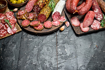 Wall Mural - Assortment of different salami with spices and herbs.