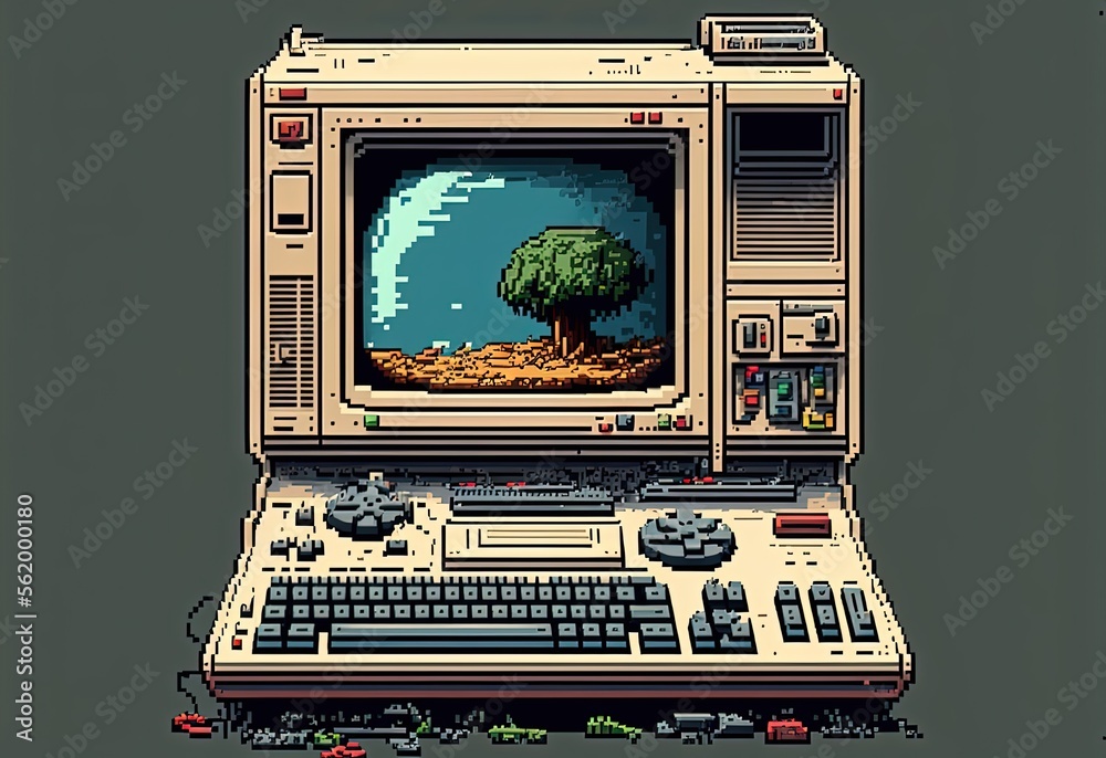 Pixel art old computer with landscape wallpaper, background in retro style for 8 bit game, Generative AI