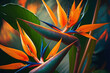 Bird of Paradise flowers in natural background. Generative AI