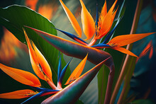 Bird Of Paradise Flowers In Natural Background. Generative AI