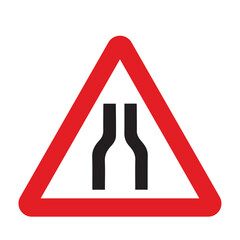 road narrowing sign in a red triangle with black sign and traffic sign. uk and usa road sign with wh