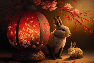 Wall Mural - Chinese new year 2023 year of rabbit. Gold bunny with red flowers and chinese lanterns. Ai generated image.