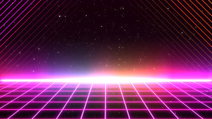 Aufkleber - Retro style 80s-90s galaxy background. Futuristic Grid landscape. Digital Cyber Surface. Suitable for design in the style of the 1980s-1990s. 3D illustration