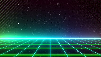 Aufkleber - Retro style 80s-90s galaxy background. Futuristic Grid landscape. Digital Cyber Surface. Suitable for design in the style of the 1980s-1990s. 3D illustration