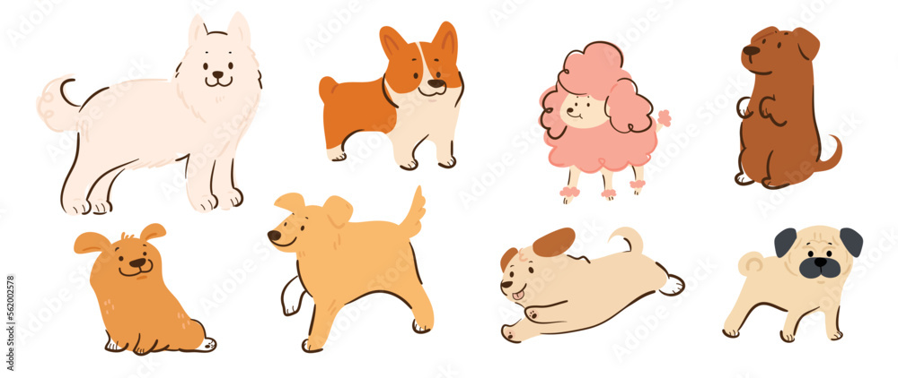 Set of cute dogs vector. Lovely dog and puppy doodle pattern in ...