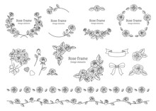 薔薇のベクターイラスト, デザイン用のフレームと装飾の素材, バレンタインや結婚式のグラフィック要素, 白背景に黒色の線画.