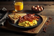  A Plate Of Eggs, Bacon, And Toast On A Wooden Table With A Glass Of Orange Juice And A Mug Of Orange Juice In The Background On The Table Is A Wooden Board With A. Generative Ai
