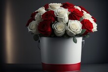  A White And Red Bucket With Roses In It On A Table Top With A Dark Background And A Red Ribbon Around The Bottom Of The Bucket And A Red And White Bucket With A Red Stripe. Generative Ai