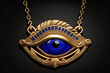 Beautiful lapis lazuli necklace for women in the form of the ancient Egyptian Eye of Horus emblem, ancient Egyptian design, semiprecious stone jewelry. Generative AI