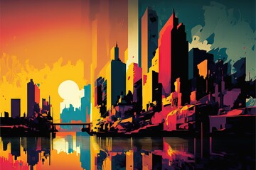 Poster -  a city skyline with a bridge and a sunset in the background with a reflection of the city on the water and a bridge in the foreground with a bright orange sky and yellow sun. generative ai