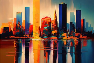 Poster -  a painting of a city skyline with a reflection of the water in the foreground and the sky in the background, with a yellow and blue sky reflected in the water, and orange. generative ai