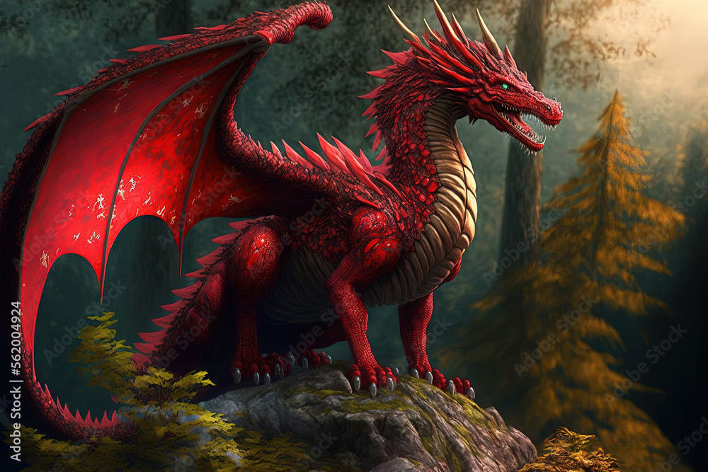 Stunning digital illustration of a red dragon from a mythical world ...