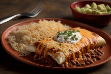 Poster -  a plate of food with beans, rice and a burrito on it with a side of guacamole and a side of beans and a side of sour cream cheese on a plate. generative ai