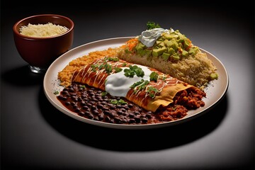 Poster -  a plate of mexican food with rice and beans and a side of beans and rice with a side of salsa and a drink on a black table with a black background with a black surface. generative ai