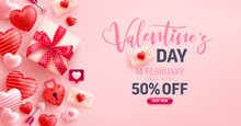 Valentine's Day Sale Banner With Sweet Hearts,speech Bubble And Valentine Elements On Pink Background.Promotion And Shopping Template For Love And Valentine's Day Concept.