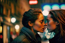 Young Lesbian Couple In Their Moment Of Intimacy At Night In The Street. This Image Was Created With Generative AI