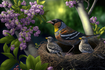 Poster - songbird male Finch feeds its hungry Chicks in a nest in a spring blooming garden. Generative AI