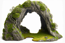 Cut Out Woodland Arch Made Of Natural Rock. Isolated Stone Arch Against A White Background. Old Boulder And Moss Covered Cave Entrance. Generative AI