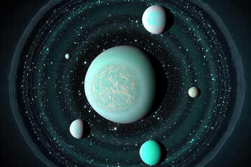 Wall Mural - an aerial view of the planet uranus. the five main moons of uranus, an ice giant planet with thirtee