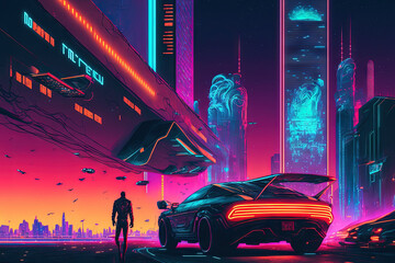 Poster - Skyscrapers, flying automobiles, and neon lights are all part of the spectacular nighttime scene in the cyberpunk city of the futuristic fantasy planet. Illustration using digital art. Acrylic artwork