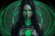 Cyborg girl portrait in a dark environment with futuristic green glowing circles. She has long, black hair and metal grunge wires around her neck. Illustration of a future, cybernetic, post apocalypti