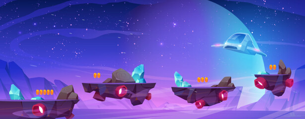 Poster - arcade game level platforms floating in outer space. vector cartoon illustration of futuristic cosmi