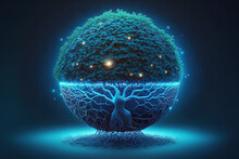 On A Circuit Digital Ball, A Tree Is Growing. Convergence Between Technology And Digital. Blue Lighting With A Background Of A Wireframe Network. Concepts For CSR, Green Technology, Green Computing, A