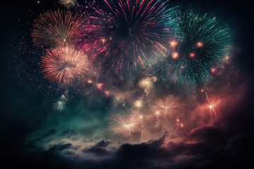 Wall Mural - Display of fireworks against a dark sky for a celebration, festival, or new year. Generative AI