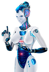 Aufkleber - AI in image robot woman or female cyborg. Robotic lady with Beautiful face, cybernatic hand pressing button. Anthropomorphic Artificial intelligence. Machine learning. Mechanical humanoid machine.