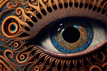  A Close Up Of A Blue Eye With Intricate Designs On It's Irise And Irise Irises Are Visible In The Eye Of A Human Body, With A Black Circle In The Center.