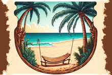 A Relaxing Summer Scene On A Tropical Beach With A Beach Swing Or Hammock Suspended From A Palm Tree Is Depicted In The Beach Banner. Amazing Idea For A Summer Vacation At The Beach. Romantic Luxury T