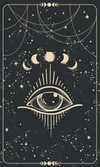 All-seeing eye on a black mystical celestial background with stars, vintage pattern for numerology, astrology, divination, stories template. Modern esoteric vector card.