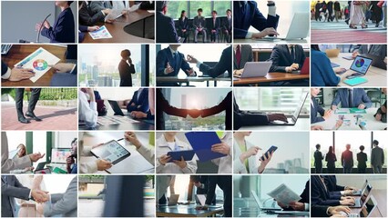 Poster - A collage of various business scenes. Transition from a shaking hands scene. Title template.