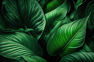 Spathiphyllum cannifolium leaves, abstract green texture, background of nature, tropical leaf. Generative AI