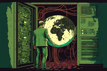 Poster - over a businessman in the server room is a picture of a computer circuit board and a globe map. digi