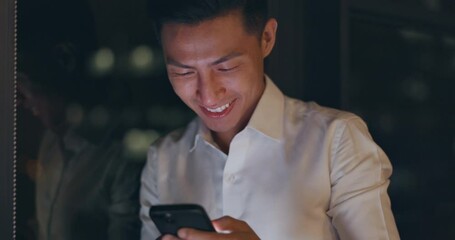 Aufkleber - Smartphone, night and business man networking on global app, happy notification or social media chat. Smile of corporate, asian worker using phone or cellphone in dark office on digital communication