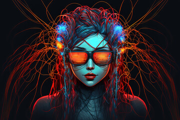 Wall Mural - Young cybergirl portrait sporting futuristic metal virtual reality glasses with glowing red, yellow, and blue cables in her hair. Future oriented perspective of augmented reality in cyberspace. a back