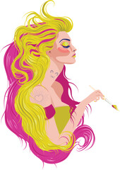 Wall Mural - Girl with pink and yellow hair holding paintbrush