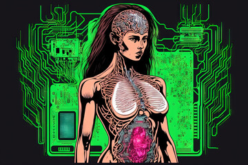 Poster - Artificial intelligence (AI) and cyborg born, genetic programming, neural networks, concepts. Pregnant woman with cyborg represented by brain in printed circuit board (PCB) design. Generative AI