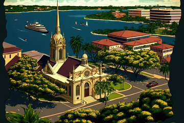 Poster - Conceptual Ai Generated Image (not actual) - Anerial View of Belo Horizonte, Minas Gerais, Brazil's Pampulha Lagoon and So Francisco Church. Generative AI