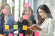 © David - Young creative business Asian woman standing with her colleagues writing new ideas on sticky notes over glass wall, business marketing strategy or User experience ux ui concept.