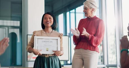 applause, certificate and success with business woman in meeting for goal, thank you and winner. cel