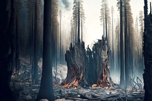 Charred Tree Trunks After Disaster In Form Of Forest Wildfire