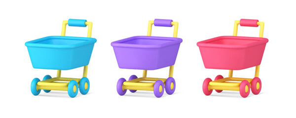 Poster - Supermarket trolley on wheels push cart for shopping purchasing carrying 3d icon set vector