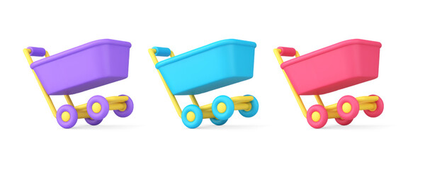 Poster - Supermarket shopping cart pushcart trolley for groceries store purchasing 3d icon set vector