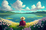 Fototapeta  - Digital anime style art painting of a man sitting with flowers in front of a beautiful lake