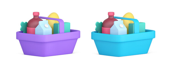 Poster - Grocery supermarket basket full of food product cart for carrying purchase 3d icon set vector