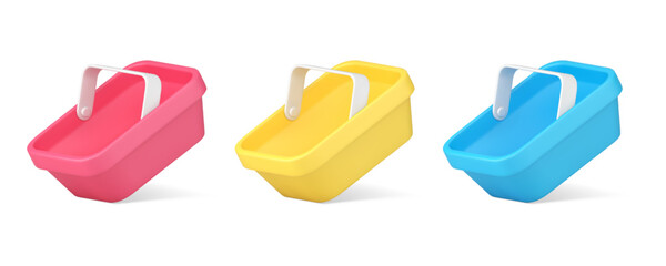 Poster - Shopping cart 3d icon empty plastic container with handle for goods purchasing carrying set vector