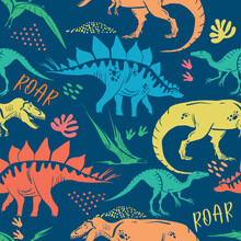 Seamless  Bright  Dino Pattern, Print For T-shirts, Textiles, Wrapping Paper, Web. Original Design With T-rex, Dinosaur.  Grunge Design For Boys And Girls